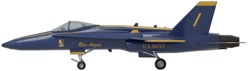 Side profile of the F/A-18C BuNo 163439, painted as McDonnell Douglas F/A-18C Hornet BuNo 163439, Blue Angel 1, the Blue Angels’ lead jet from 2015 to 2020 and the first Blue Angels aircraft in the Smithsonian’s collection, displayed at the Steven F. Udvar-Hazy Center, Chantilly, Virginia: the US Navy’s single-seat twin-engined carrier strike fighter with two General Electric F404 turbofans, leading-edge extensions running forward to the cockpit, a trapezoidal mid wing with wing-tip missile rails, twin canted fins and all-moving stabilators: Blue Angels gloss blue overall with gold fin caps and a slanted gold ‘1’ on each fin, a gold top deck behind the canopy narrowing to gold lines along the nose, gold ‘U.S. NAVY’ on the engine bays, the ‘Blue Angels’ script and team crest under the cockpit and gold wing-tip rails and stabilator tips, as photographed at Udvar-Hazy, shown with its wings spread although it is displayed with them folded (no Hornet is preserved in a UK museum; shape from a three-view drawing of the F/A-18A/C checked against a NASA drawing and photographs)