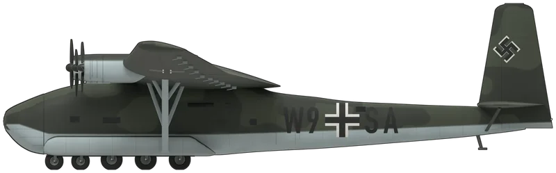 Side profile of the Me 323 D-1 ‘W9+SA’, painted as Messerschmitt Me 323 D-1 Gigant ‘W9+SA’, a Luftwaffe six-engined heavy transport photographed on an airfield around 1942 (no Me 323 survives): a high braced wing spanning 55.2 m with six Gnome-Rhône 14N radials in separate nacelles, a deep box-section fuselage with clamshell nose doors under a flight deck set into the wing leading edge, five wheels each side in fairings along the lower fuselage, and a strut-braced tailplane, shown standing level on its wheels: dark green upper surfaces and fuselage sides over a pale lower fuselage, pale nacelles and wing struts, dark wing undersides as the photographs show, a black and white Balkenkreuz with the code W9+SA in black on both fuselage sides and a swastika on the fin (shape from a Me 323 D-1 three-view checked against photographs of this and other Me 323s; the photographs are black and white, so the colours are judged, and no upper-wing crosses are shown because no photograph shows the upper wing)