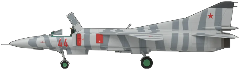 Side profile of the MiG-23ML, painted as c/n 024003607, Newark Air Museum’s Mikoyan-Gurevich MiG-23ML ‘Flogger-G’, a Soviet-built fighter that came to Newark in 2002, was shown for years in Polish markings as ‘458’, went off site in 2019 for a film and was repainted in Soviet markings in 2024: the Warsaw Pact’s swing-wing interceptor, 46 ft in span with the wings fully forward, with one Tumansky R-35 afterburning turbojet fed by slab-sided intakes beside the cockpit, a variable-sweep shoulder wing, a long dorsal fillet running into a tall swept fin, an all-moving tailplane with anhedral and a ventral fin that folds to starboard with the undercarriage down, shown standing level on its tricycle undercarriage with the wings at 16 degrees, the canopy raised and a GSh-23L gun pack under the belly: light grey with wavy blue-grey bands that differ from side to side, a red ‘44’ edged in white on the nose, red stars on the fin and upper wings, a dark fin-tip cap, red intake covers stencilled ‘44’ and green wheel hubs, as displayed (the probe is the airframe’s short stub; no photograph shows the upper surfaces squarely, so the bands there are continued from the sides, and the port wing star is assumed to match the starboard one)