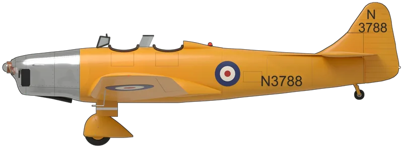 Side profile of the Hawk Trainer III, painted as G-AKPF, The Shuttleworth Collection’s airworthy Miles M.14A Hawk Trainer III, built at Woodley as the RAF Magister V1075, sold in 1947, rebuilt after a 1955 accident, restored to fly by 1990 and flown from Old Warden since, with its 130 hp de Havilland Gipsy Major I, painted as the pre-war trainer N3788: Trainer Yellow overall with a polished bare-metal engine cowling, blue, white and red roundels on the fuselage and above and below the wings, a black ‘N3788’ on the rear fuselage and ‘N’ over ‘3788’ on the fin, no fin flash, a small polished spinner cap and a wooden propeller with black blades and yellow tips, shown with the wheel spats and trouser fairings it has worn for much of its time at Old Warden (it has also flown without them), with its tandem open cockpits and their side doors closed