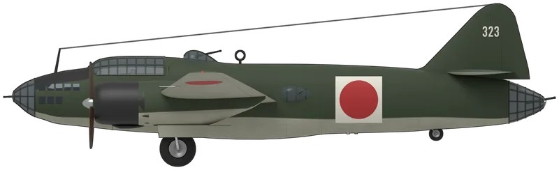 Side profile of the G4M1 Model 11 T1-323, painted as Mitsubishi G4M1 Model 11 T1-323 (manufacturer’s number 2656) of the 705th Kokutai, Imperial Japanese Navy, the bomber carrying Admiral Isoroku Yamamoto when it was shot down by US Army P-38 Lightnings near Buin, Bougainville, on 18 April 1943: a twin-engined long-range land-based naval bomber with a deep cigar-shaped fuselage, a glazed nose with a single machine gun, a stepped cockpit canopy, a teardrop dorsal gun blister, teardrop beam blisters on each side and a long glazed tail cone with a 20 mm cannon, a mid-set tapered wing carrying two Mitsubishi Kasei radials in long nacelles with three-blade propellers, and a single fin and rudder, shown tail down on its main wheels and tail wheel: dark green upper surfaces and fuselage sides over light grey undersides, a black anti-glare panel on the upper nose and black cowlings, yellow identification strips on the inner wing leading edges, red hinomaru on the upper and lower wings and on a white square on each side of the fuselage, and ‘323’ in white on both sides of the fin, as recorded from photographs of its wreck, which still lies in the jungle near Buin, and of the 705th Kokutai in 1943 (no complete G4M survives and none is in a UK museum; shape from a published G4M2 three-view altered to the G4M1’s nose, dorsal blister, beam blisters and tail cone from a Model 11 drawing and wartime photographs; the colour of the lower cowlings, the underside shade and the propeller blade colour are not shown in any photograph of this airframe and follow other aircraft of its type and unit)
