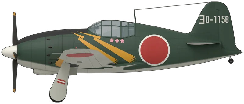 Side profile of the J2M3 c/n 3014, painted as Mitsubishi J2M3 Raiden (Allied name ‘Jack’) c/n 3014, coded ‘ヨD-1158’, the only surviving Raiden, as displayed at the Planes of Fame Air Museum, Chino, California: a single-seat Imperial Japanese Navy interceptor with a stubby, deep fuselage, a Mitsubishi Kasei fourteen-cylinder radial set well forward in a tight cowling on an extension shaft, a four-bladed propeller, a small raised canopy, a low wing spanning 10.8 m with four 20 mm cannon and a tailwheel undercarriage, shown tail down on its wheels: dark green upper surfaces and fuselage sides over light grey undersides, a matt black anti-glare panel on the cowling, two yellow lightning bolts on each side of the fuselage, red hinomaru with white surrounds on the fuselage and upper wings and plain red below, yellow leading-edge strips on the inner wings, the code ‘ヨD-1158’ in white on the fin, three pink cherry-blossom victory marks on the port side, a white spinner and black propeller blades with yellow tips (shape from a Polish 1:50 three-view scaled to the published span and length and checked against photographs of this aircraft; the drop tank and bombs displayed beside it are not shown)
