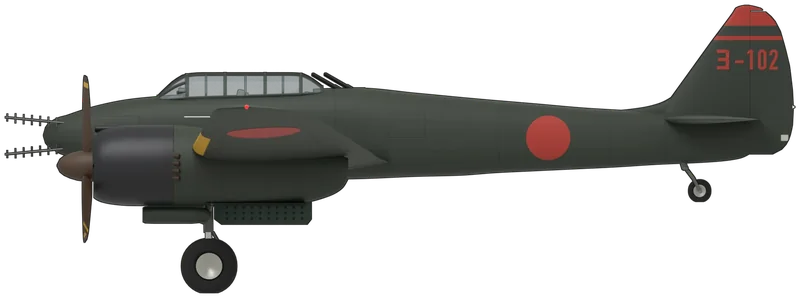 Side profile of the J1N1-S c/n 7334, painted as Nakajima J1N1-S Gekko (Allied name ‘Irving’) c/n 7334 of the Yokosuka Kokutai, coded ‘ヨ-102’, as restored by the Smithsonian and displayed at the Steven F. Udvar-Hazy Center, Chantilly, Virginia: a two-seat twin-engined Imperial Japanese Navy night fighter with two Nakajima Sakae 21 radials in long nacelles, a slim fuselage under a long glazed canopy, two 20 mm cannon firing obliquely upward behind the cockpit, four Yagi radar aerials round the nose and a wing spanning 16.98 m, shown tail down on its wheels: overall dark green with blue-black cowlings, plain red hinomaru on the fuselage and on both surfaces of the wings, yellow leading-edge strips on the inner wings, a red fin cap and stripe, the code ‘ヨ-102’ in red on the fin, and red-brown propellers with yellow tip bands (shape from the Lébl three-view scaled to the published span and checked against photographs of this aircraft; the undersides are green as every low-angle photograph shows, no downward-firing guns are shown as none appears in the photographs, and the starboard fin code is assumed to match the port side)