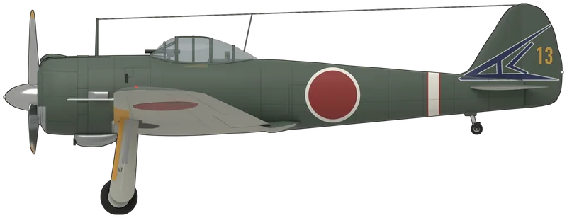 Side profile of the Ki-43-II 6430 ‘13’, painted as Nakajima Ki-43-II Hayabusa (Allied name ‘Oscar’) manufacturer’s number 6430, built around January 1944, captured by US forces at Hollandia, New Guinea, in April 1944, rebuilt there and evaluated in the United States, and now displayed at the Pima Air & Space Museum, Tucson, Arizona: a light single-seat army fighter with a slim fuselage, a close-cowled Nakajima Ha-115 radial with a three-blade propeller, a long tapered canopy, a low-set wing with rounded tips and butterfly combat flaps, and a small rounded fin and rudder, shown tail down on its main wheels and tail wheel: dark grey-green upper surfaces and fuselage over light grey wing and tailplane undersides, a bare-metal lower cowl lip, yellow identification strips on the inner wing leading edges, a white-ringed red hinomaru on each side of the fuselage and plain red hinomaru above and below the wings, a white fuselage band edged in red, the 63rd Sentai’s insignia in blue and white on the fin and a yellow ‘13’ on the rudder, and a polished spinner and blades with yellow tips, as photographed at Pima (no Ki-43 is in a UK museum; shape from a Ki-43-II three-view checked against photographs of 6430; drop tanks and bomb racks are left off and the cockpit interior is generic)
