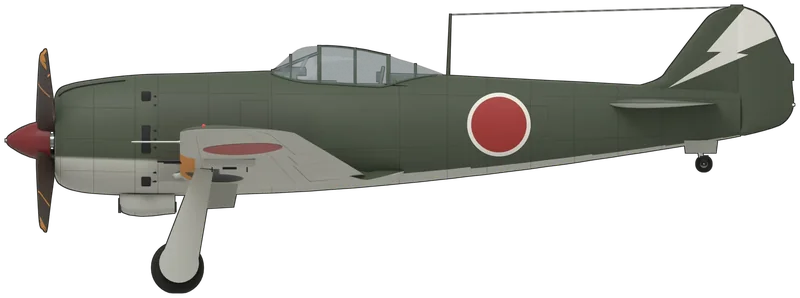 Side profile of the Ki-84-Ia c/n 1446, painted as Nakajima Ki-84-Ia Hayate (Allied name ‘Frank’) manufacturer’s number 1446, the only surviving Hayate, captured in the Philippines in 1945, test-flown in the United States as FE-302 and returned to Japan in 1973, now displayed at the Chiran Peace Museum in Kagoshima: a single-seat Imperial Japanese Army fighter with a close-cowled Nakajima Ha-45 radial, a four-blade propeller, a deep oil-cooler intake under the cowling, a bubble-topped sliding canopy, a low-set tapered wing with rounded tips and a tall rounded fin and rudder, shown tail down on its main wheels and tail wheel: dark green upper surfaces and fuselage sides over light grey undersides and lower cowling, yellow-orange identification strips on the inner wing leading edges, red hinomaru on the wings and a white-ringed hinomaru on each side of the fuselage, a white lightning bolt across the fin and rudder, a dark red spinner and dark brown blades with yellow tips, as the aircraft is displayed at Chiran today (no Ki-84 is in a UK museum; shape from a published three-view checked against photographs of 1446; the bolt on the starboard side of the fin and the upper-wing hinomaru are not shown in any photograph used and are assumed to match the port side and the undersides)