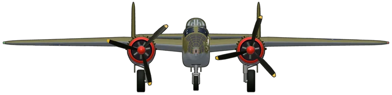 Front view of the North American B-25 Mitchell, B-25J-30-NC 44-31171, painted as 43-4064 “Lil Critter From The Moon”