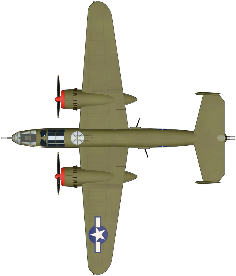 Top view of the North American B-25 Mitchell, B-25J-30-NC 44-31171, painted as 43-4064 “Lil Critter From The Moon”
