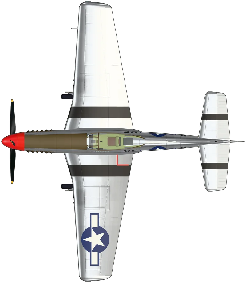 Top view of the North American P-51 Mustang, P-51D-30-NA 44-74409, painted as 44-13317 “VF-B”
