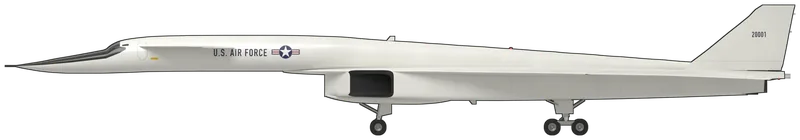 Side profile of the XB-70A 62-0001 (AV-1), painted as XB-70A 62-0001, AV-1, the first of the two North American Valkyries, which first flew on 21 September 1964, reached Mach 3.02 in October 1965, flew research sorties for NASA and the US Air Force until February 1969 and is displayed at the National Museum of the United States Air Force, Dayton, Ohio: a six-engined Mach 3 strategic bomber prototype with a long slender forward fuselage, a movable windscreen ramp (shown lowered) over a two-seat cockpit, swept canard foreplanes with flaps, a thin, high-mounted delta wing with folding outer panels (shown level, as displayed), a huge box-shaped engine housing under the wing split by a vertical intake splitter, six General Electric YJ93 nozzles side by side in the tail, twin swept fins and a tall undercarriage with four-wheeled main bogies: gloss white overall with a black anti-glare panel on the nose, ‘U.S. AIR FORCE’ in dark blue and the star-and-bar on the forward fuselage, ‘20001’ on the fins and a star-and-bar under the starboard wing, as photographed at Dayton (no XB-70 is in a UK museum; shape from the USAF Standard Aircraft Characteristics three-view; the nose probe is included, and the small stencils and photo-calibration marks are left off)
