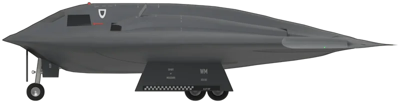 Side profile of the B-2A 88-0329 ‘Spirit of Missouri’, painted as B-2A 88-0329, ‘Spirit of Missouri’, the first B-2 delivered to the 509th Bomb Wing at Whiteman Air Force Base, Missouri, in December 1993, flown by the 325th Bomb Squadron ‘Alley Oop’ and photographed taking off from Andersen Air Force Base, Guam: a two-seat stealth strategic bomber built as a pure flying wing with no fin or tailplane, its leading edges swept at about 35 degrees and a sawtooth ‘double-W’ trailing edge, a blended central body with a raised cockpit hump, four General Electric F118 turbofans buried in the wing under two domed humps with serrated intakes on top and recessed exhaust troughs ahead of the trailing edge, elevons and a central beavertail surface, split drag rudders at the wingtips and a tricycle undercarriage with large gear doors: overall dark grey low-observable finish with patchy repairs and light grey dashed hatch and walkway outlines, ‘AF 88 0329’ on the upper body, the Air Combat Command shield and a red rescue arrow by the cockpit, ‘WM’, ‘325 BS’, ‘SPIRIT OF MISSOURI’ and the chequered ‘Alley Oop’ band on the main gear doors and ‘0329’ on the nose gear doors, with the auxiliary inlet doors open, as photographed (no B-2 is in a UK museum; shape from a Wikimedia Commons three-view checked against photographs, with its heights scaled to the published 5.18 m; the port-side markings are mirrored from the starboard side, the cockpit windows and badge are simplified and the small stencils are left off)