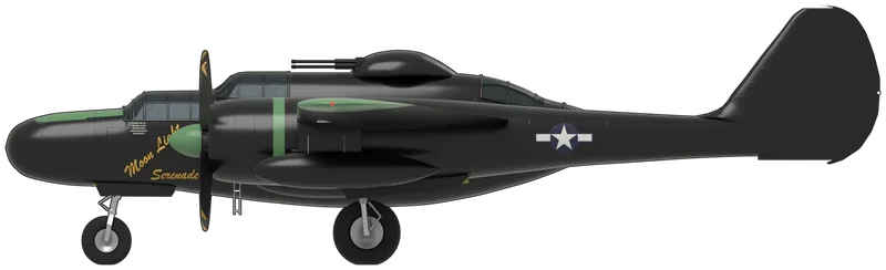 Side profile of the P-61B 42-39468 ‘Moon Light Serenade’, painted as Northrop P-61B Black Widow 42-39468 ‘Moon Light Serenade’ of the 550th Night Fighter Squadron, US Army Air Forces, south-west Pacific 1944–45, as displayed at the National Museum of the United States Air Force in Dayton, Ohio, on P-61C airframe 43-8353: a three-seat twin-engined radar night fighter with a long central crew nacelle carrying a black radar nose, a stepped pilot’s canopy, a gunner’s canopy behind it and a remotely controlled dorsal turret with four machine guns, a glazed tail cone for the radar operator, a high-set wing with two Pratt & Whitney R-2800 radials and four-blade propellers, and twin booms ending in tall fins joined by a high tailplane, shown level on its tricycle undercarriage with four drop tanks under the wings: gloss black overall, light green spinners, cowl bands, nose anti-glare panel and wing tips, ‘Moon Light Serenade’ in yellow script on the port side of the nose, star-and-bar insignia on the booms and wings, and black propellers with yellow tips, as photographed at Dayton 2005–2019 (no P-61 is in a UK museum; shape from Northrop’s dimensioned general-arrangement and crew-nacelle drawings with a published P-61B three-view; the fins are left plain because no photograph of them on the current display was found, and the port wing tip and upper-wing insignia are assumed to match the photographed side)