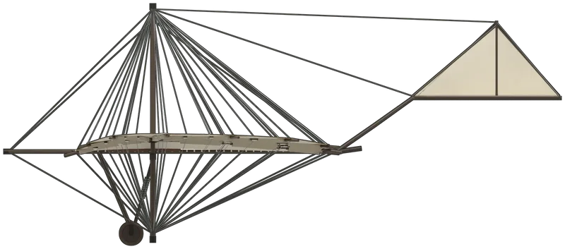 Side profile of the Hawk (1896), painted as The original Hawk, the hang glider Percy Pilcher built in 1896 and flew at Eynsford in Kent and at Stanford Hall in Leicestershire, where he was fatally injured in it on 30 September 1899, now owned by National Museums Scotland and conserved in 2016: two wings of cotton cloth on nine radiating bamboo ribs each, braced by wires to two upright masts joined by wooden beams, a narrow lens-shaped opening between the wings where the pilot hung by his forearms, a triangular tailplane and fin carried high on a bamboo boom, and two small wheels on sprung bamboo legs, shown standing level on its wheels and mast feet: cream cloth with a tan bound edge, tan patches and leather straps at the rib tips, dark varnished bamboo and wood, and dark wooden wheels, as it hangs in the Science and Technology galleries of the National Museum of Scotland in Edinburgh (no drawing of the Hawk exists: the shape is measured from photographs and Pilcher’s own figures, and the height and tail position are estimated)