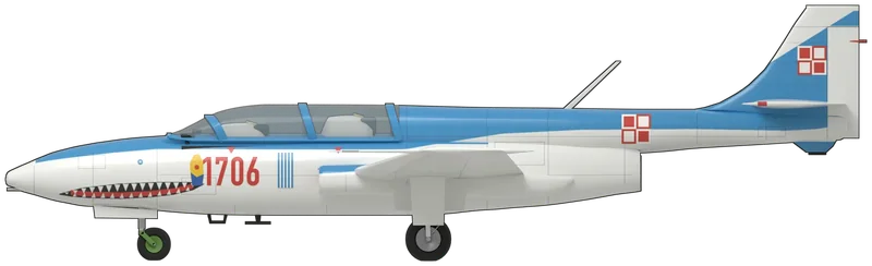 Side profile of the TS-11 Iskra bis A, painted as c/n 1H0408, the Midland Air Museum’s PZL-Mielec TS-11 Iskra bis A, flown by the Polish Air Force as ‘408’, brought to Britain by the Old Flying Machine Company in 1996 and on loan to the museum at Coventry since 2004, where it is displayed as ‘1706’: Poland’s two-seat jet trainer, 33 ft in span, with one turbojet fed by intakes in the wing roots and exhausting beneath a slender tail boom, a straight mid-set wing with tip pods, tandem cockpits under a long canopy and the tailplane carried part-way up the fin, shown standing level on its tricycle undercarriage: gloss white with a sky-blue nose decking, spine and boom top, a blue fin with a white rudder, a red ‘1706’ beneath the front cockpit, a shark mouth on the nose, squadron badges on both sides of the nose, Polish red and white checkerboards on the fin and the boom, and red and white blanks in the intakes, as displayed (the nose badges are simplified, and no photograph shows the wing surfaces, so no wing markings are painted)