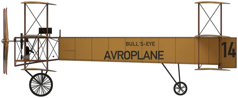Side profile of the Roe I Triplane (1909), replica, painted as BAPC.6, the full-size replica of Alliott Verdon Roe’s first triplane built by apprentices of A.V. Roe & Co in 1952, displayed for decades at the Museum of Science and Industry in Manchester and now at Hooton Park: the paper-covered triplane in which Roe made the first flights by an all-British aeroplane, on Lea Marshes in July 1909, with three wings of 20 ft span, a matching triplane tail with a rectangular rudder carried behind a triangular girder fuselage, a 9 hp JAP twin-cylinder engine in the nose driving a four-bladed tractor propeller by a belt, and a chassis of two bicycle wheels with a small tail wheel, shown standing almost level on its wheels: amber doped paper on the wings, tail and fuselage sides with the ribs showing through, black ‘BULL’S-EYE AVROPLANE’ lettering on both sides of the fuselage and the race number ‘14’ on the rudder, as Roe showed it at the Blackpool meeting of October 1909, dark red-brown varnished struts and frames, a black steel chassis, and red-tipped wooden propeller blades (no drawing of the Roe I is published: the shape is measured from photographs of this replica and of the original in the Science Museum, and the replica stands about 4 in taller than the published 9 ft)