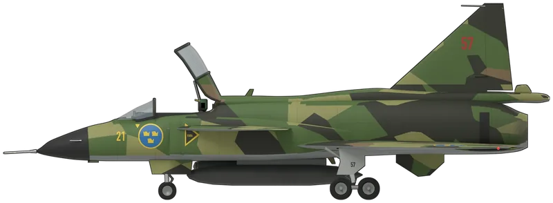 Side profile of the AJSH 37 Viggen, painted as 37918, Newark Air Museum’s Saab AJSH 37 Viggen, built as an SH 37 maritime reconnaissance Viggen and rebuilt in 1995 as one of 25 AJSH 37 multi-role conversions, which served with the Swedish Air Force’s F 17, F 10 and F 21 wings before it was flown into RAF Cranwell in February 2006 and lent to the museum at Newark: Sweden’s canard-delta strike and reconnaissance fighter, 34 ft 9 in in span, with one Volvo RM8 afterburning turbofan fed by side intakes and fitted with a thrust reverser, a large high-set canard foreplane with trailing-edge flaps just behind the intakes, a low-set double-delta main wing with a dogtooth leading edge, a tall swept fin, a small ventral fin and tandem-wheel main undercarriage, shown standing level on its tricycle undercarriage with the canopy raised, a grey centreline drop tank and a reconnaissance pod on the starboard fuselage pylon: four-colour Swedish splinter camouflage in light yellow-green, mid green, black-green and brown over grey undersides, a black radome, a yellow ‘21’ on the nose, Swedish three-crown roundels on the forward fuselage and the wings, a red ‘57’ on the fin, a dark fin-tip cap and yellow danger triangles on the intakes, as displayed (no photograph shows the whole of the upper surfaces, so the splinter pattern there is generated from the sampled colours and repeats on both sides, and no photograph shows the undersides, so their grey and the lower-wing roundels are assumed)