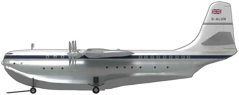 Side profile of the SR.45 Princess, G-ALUN, painted as G-ALUN, the Saunders-Roe SR.45 Princess, the only Princess to fly, standing on its beaching gear on the slipway at East Cowes as photographed in 1953–54: the largest all-metal flying boat ever built, with a pressurised double-bubble hull on a two-step planing bottom, a 219 ft 6 in wing carrying ten Bristol Proteus turboprops in six nacelles (four coupled pairs driving contra-rotating propellers and a single engine in each outer nacelle), wing-tip floats retracted to form the wing tips, and a tall fin above a dihedral tailplane: bare aluminium hull sides, wings and nacelles, a white roof and white fin and rudder, a dark blue cheat line through the upper-deck windows with a white pinstripe below it, a grey planing bottom, a Union flag high on the fin with ‘G-ALUN’ in black below it and ‘G-ALUN’ under the port wing (no Princess survives; the shape was taken from a published three-view scaled to the published span, length and height and checked against some 20 photographs of G-ALUN; the colour of the planing bottom is inferred from black-and-white photographs, the beaching gear’s wheel sizes are estimated, and a small unreadable marking near the bow is left off)