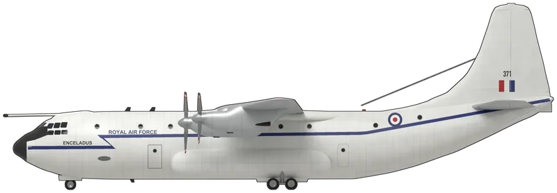 Side profile of the Belfast C.1, painted as XR371 ‘Enceladus’, the RAF Museum Midlands’ Short SC.5 Belfast C.1 and the last of the ten built, flown by No. 53 Squadron of Air Support Command until the RAF retired the type in 1976 and flown to Cosford in 1978, where it now stands in the National Cold War Exhibition: Britain’s largest military freighter, 158 ft in span, with a deep circular-section fuselage, a beaked nose with a radome under the flight deck and a refuelling probe above it, a high wing carrying four Rolls-Royce Tyne turboprops with four-blade propellers, main-gear panniers on the lower fuselage sides, an upswept beaver tail over the rear loading doors and a tall fin, shown standing level on its tricycle undercarriage: white fuselage and fin, a black radome and anti-glare panel, a dark blue cheatline that steps up below the flight deck, ‘ENCELADUS’ on the nose and ‘ROYAL AIR FORCE’ above the cheatline, red, white and blue roundels on the rear fuselage, a red and blue fin flash with ‘371’ above it, silver-grey wings, tailplane and nacelles and red, white and red propeller tips, as displayed (the rear loading doors are shown closed; the starboard markings are assumed to mirror the port side, and no photograph shows the wing upper surfaces, so no wing markings are painted)