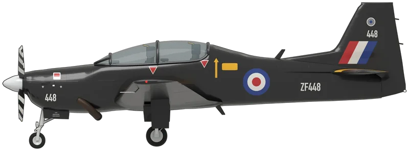 Side profile of the Tucano T.1, painted as ZF448, the Yorkshire Air Museum’s Short Tucano T.1, built by Shorts in Belfast for the RAF, flown by No. 1 Flying Training School and No. 72 (Reserve) Squadron and as the RAF Tucano Display Team aircraft, and on display at Elvington since December 2024: the RAF’s basic jet-pilot trainer of 1989 to 2019, a Belfast-built development of the Embraer EMB-312, 37 ft in span, with one Garrett TPE331 turboprop driving a four-bladed Hartzell propeller, a low straight wing, tandem seats under a one-piece stepped canopy with the instructor raised behind the student, a ventral airbrake and thin strakes along the rear fuselage running into the tailplane roots, shown standing on its tricycle undercarriage at its slight nose-up ground attitude: gloss black overall with a white spinner, black propeller blades with white bands and tips, a white ‘448’ on the nose and fin, roundels and ‘ZF448’ on the rear fuselage, a fin flash, yellow wedges at the upper wing roots, red ejection-seat triangles under the canopy and ‘Royal Air Force Tucano Display Team’ on the starboard side, as displayed (the upper-wing markings follow a single overhead photograph, the undersides are left plain black because no photograph shows them, and the pitot under the port wing tip is assumed)