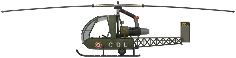 Side profile of the SO.1221S Djinn, painted as FR108 ‘CDL’, The Helicopter Museum’s Sud-Ouest SO.1221S Djinn, built in 1959 for the French Army’s light aviation (ALAT) and flown until the end of 1968: Sud-Ouest’s two-seat light helicopter and the first tip-jet helicopter to go into production, with a Turbomeca Palouste compressor behind the cabin blowing cold air up the mast and out of nozzles at the tips of its two-blade, 11 m rotor, so it needs no tail rotor, an open lattice tail boom carrying a stabiliser and a single rudder in the engine’s exhaust, and skid undercarriage, shown with the blades parked fore and aft and the museum’s ground-handling wheels clamped to the skids: French Army olive drab overall with a bright green cockpit, a large white ‘C D L’ behind the cabin with a small black ‘108’, a French roundel with a yellow outer ring on the lower nose, a grey rudder with a dark green top band carrying a yellow ‘CDL’, and dark blue-grey blades with yellow bands at the roots (no photograph shows the port side, so its markings mirror the starboard)