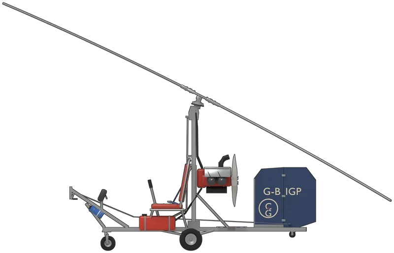 Side profile of the Bensen B-8M Gyro-Copter, painted as G-BIGP, The Helicopter Museum’s Bensen B-8M Gyro-Copter, a single-seat homebuilt autogyro put together from a kit near Shrewsbury by Richard Cooper with John Whittle, first registered in October 1980 and flown from a private strip for 204 hours until its permit lapsed in 1997, then stored and given to the museum at Weston-super-Mare in 2008: the best-known of the American Igor Bensen’s kit-built gyroplanes, an open frame of square aluminium tube carrying the pilot’s seat in front of a mast, a 72 hp McCulloch flat-four two-stroke driving a pusher propeller behind it, a free-turning 20 ft two-blade teetering rotor on top and a tricycle undercarriage with a small guard wheel under the tail, shown standing on its wheels with the rotor blades fore and aft: bare aluminium frame and blades, a red vinyl seat with a blue harness and a red fuel tank beneath it, a dark blue fin and rudder carrying a cream ‘G-BIGP’ and a ringed cream ‘CG’ monogram on both sides, a Union flag on top of the tailplane and the white-painted spare propeller fitted after the original wooden one was damaged, as displayed (the mast follows G-BIGP’s photographs, which show a taller one than the published 6 ft 3 in height implies, and the engine, pre-rotator drive and control linkages are simplified)