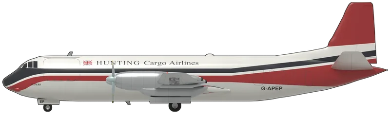 Side profile of the Vanguard 953C Merchantman, painted as G-APEP ‘Superb’, a Vickers Vanguard (c/n 718) delivered to British European Airways in December 1961 as a Type 953 airliner, converted to a 953C Merchantman freighter in the early 1970s with a large forward cargo door, later flown by Air Bridge Carriers and Hunting Cargo Airlines, and flown into Brooklands on 17 October 1996, the last flight by any Vanguard: the four-turboprop airliner with its double-bubble fuselage, shown standing level on its tricycle gear with the propellers parked, in Hunting Cargo Airlines’ colours: a white upper fuselage over a light grey belly, a navy-black cheat line that wraps the nose and radome, a white line and a red band sweeping under the nose and up the rear fuselage to a red tail cone, a red fin above white and black bands, black ‘HUNTING Cargo Airlines’ titles with a Union flag, ‘SUPERB’ on the nose, ‘G-APEP’ at the rear and under the port wing, silver wings and nacelles, and pale blue-grey propellers with yellow tips, as it is displayed at Brooklands Museum (the cargo door is shown closed and the skinned-over cabin windows as outlines)