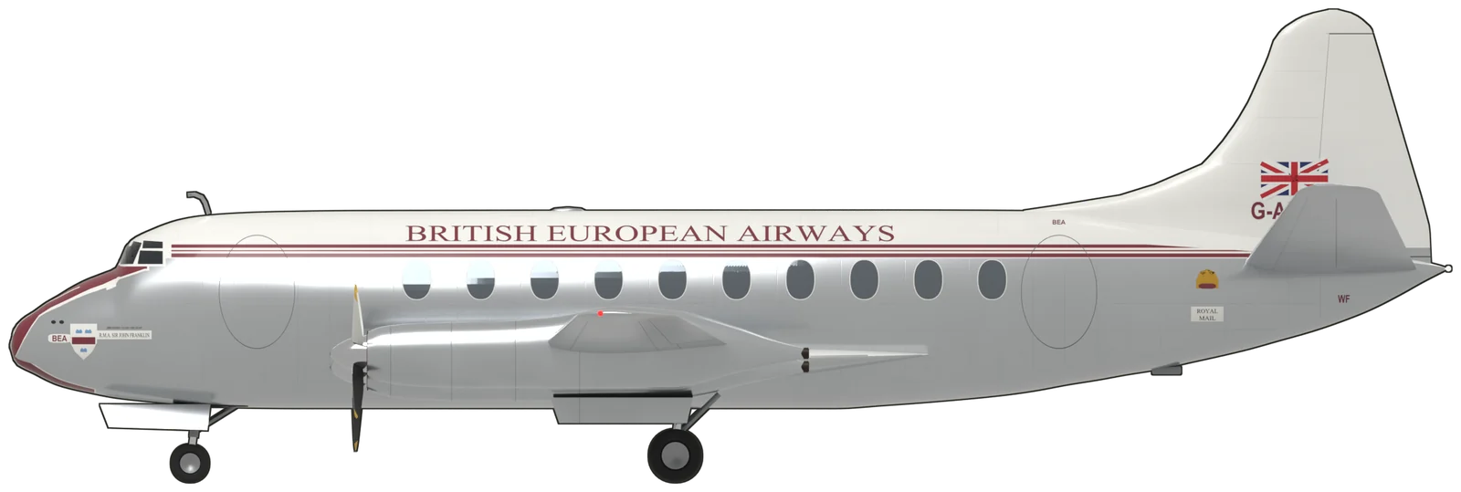 Side profile of the Vickers Viscount, Viscount 701 G-ALWF, port side