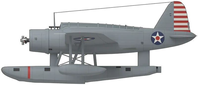 Side profile of the OS2U-3 BuNo 5909, painted as Vought OS2U-3 Kingfisher BuNo 5909, coded ‘13’, as displayed hanging at the Smithsonian’s Steven F. Udvar-Hazy Center, Chantilly, Virginia: a two-seat US Navy observation and scout floatplane, catapulted from battleships and cruisers, with a Pratt & Whitney R-985 Wasp Junior radial and a two-bladed propeller, a long glazed canopy over pilot and observer, a low wing spanning 10.95 m, and a single large central float on a pylon and struts with a small float under each wing tip, shown level on its floats: overall light grey, the white star with red centre in a blue disc on both sides of the fuselage and above and below the wings, a rudder in thirteen red and white stripes, black ‘13’ on the cowling and fuselage, ‘NAVY’ and ‘5909’ in small black letters on the fin, a red band and black hatches on the main float, black walkways at the wing roots, and a black propeller with red, yellow and blue tips (shape from an OS2U float-plane three-view checked against a cutaway drawing and photographs of this aircraft)