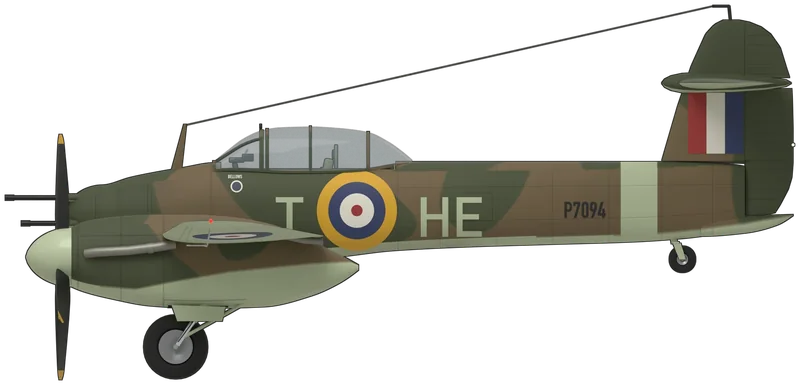 Side profile of the Whirlwind I, P7094, painted as P7094 ‘HE-T’, a Westland Whirlwind I of No. 263 Squadron in 1941–42, the ‘Bellows Foundation’ presentation aircraft: the RAF’s first single-seat twin-engined fighter, a slim low-wing monoplane with two Rolls-Royce Peregrine engines in slender nacelles, radiators buried in the wing centre section, four 20 mm Hispano cannon clustered in the nose, a bubble canopy, Fowler flaps and a cruciform tail with the tailplane set halfway up the fin, shown tail down on its wheels: Dark Earth and Dark Green above with Sky under-surfaces, Sky spinners and a Sky band round the rear fuselage, the Sky codes ‘HE’ and ‘T’ either side of a yellow-ringed fuselage roundel, a red, white and blue fin flash, the black serial ‘P7094’ and the Bellows Foundation inscription under the port windscreen, as photographed by the Air Ministry (no Whirlwind survives; the shape was taken from a published three-view cross-checked against wartime photographs; the camouflage pattern is approximated and the wing roundels follow other 263 Squadron aircraft)