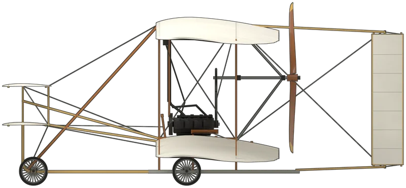 Side profile of the Flyer (1903), replica, painted as A full-size replica of the 1903 Wright Flyer, the canard biplane in which Orville and Wilbur Wright made the first sustained, controlled powered flights at Kill Devil Hills, near Kitty Hawk, North Carolina, on 17 December 1903, displayed at the Yorkshire Air Museum at Elvington: two wings of 40 ft 4 in span with drooping tips and rib pockets sewn into the cloth, trussed by spruce struts and wire bracing, a biplane elevator out in front on ash outriggers, twin movable rudders on booms behind, a 12 hp four-cylinder engine lying beside the pilot’s empty hip cradle and driving two pusher propellers by chains, one chain crossed so they turn in opposite directions, and long skids beneath, shown standing level: white muslin wings, elevator and rudders, orange varnished spruce struts and paler ash outriggers and skids, a black engine, radiator, fuel tank and chain tubes, bare wooden propellers with yellow tips, and four small black spoked display wheels under the skids, as it stands at Elvington (the geometry follows the published three-view of the 1903 machine; the wheels belong to the replica, not the original)