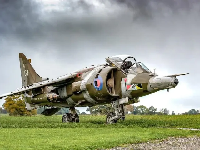 Camouflaged Harrier GR.3 jump jet standing on grass under a stormy sky, cockpit canopy open