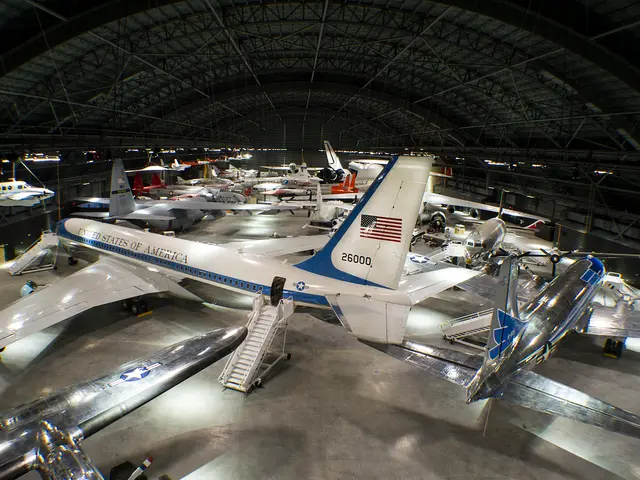 Overhead view of the blue and white Boeing VC-137C Air Force One in the Presidential Gallery