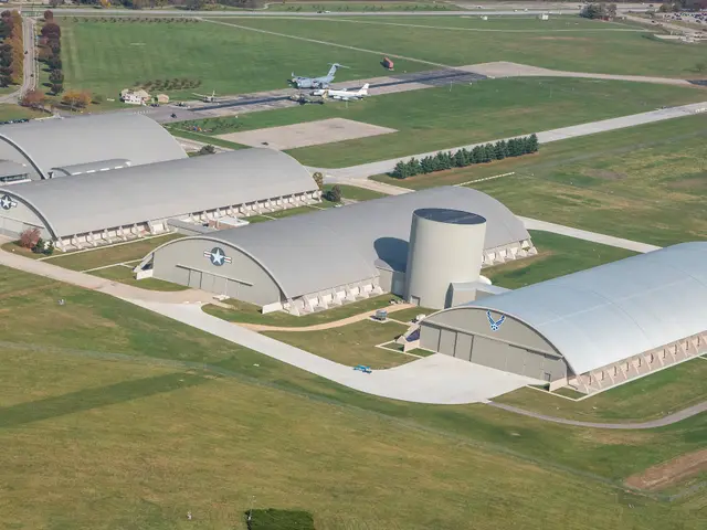 Aerial view of the museum’s four large hangar buildings and Air Park on the edge of Wright Field