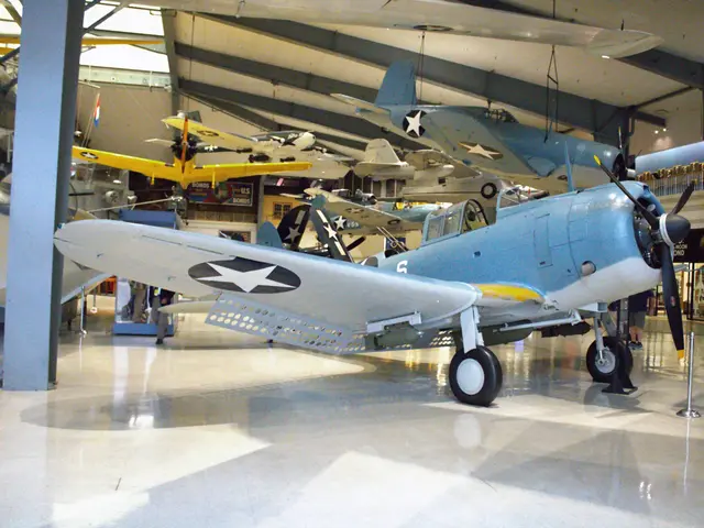 Blue-grey Second World War dive bomber with white star markings on a polished museum floor