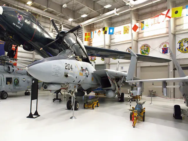 Grey F-14 Tomcat fighter numbered 204 in a hangar with aircraft hanging above