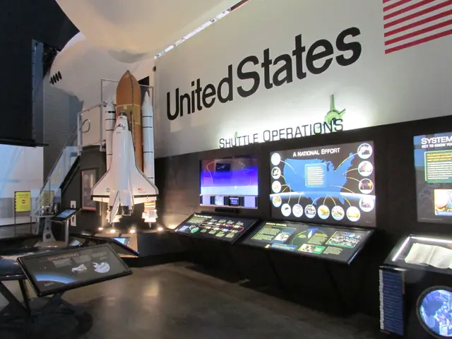 Space Shuttle model and display panels beneath the nose of the NASA Full Fuselage Trainer