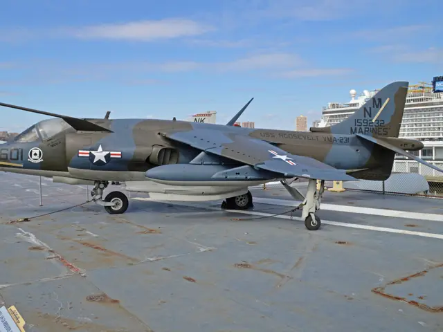 Grey US Marine Corps Harrier jump jet on the flight deck of Intrepid