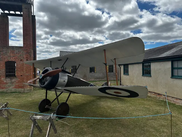 Sopwith Pup replica by the original buildings, Stow Maries Great War Aerodrome