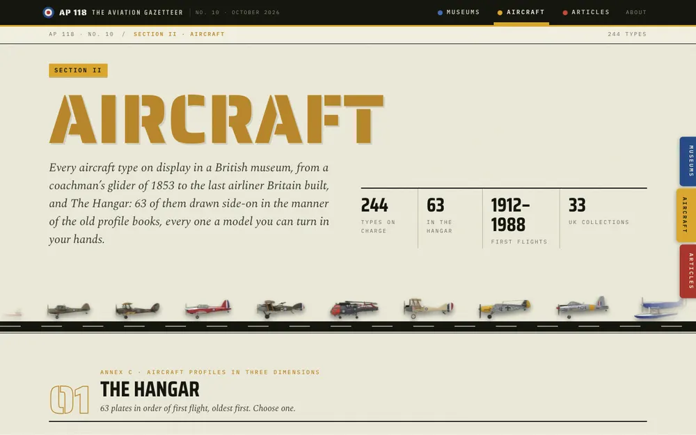 The Aircraft section front after the redesign, in yellow, with the Hangar flypast