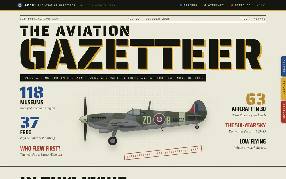 The home page after the redesign: a magazine cover on paper with a Spitfire profile and the issue number