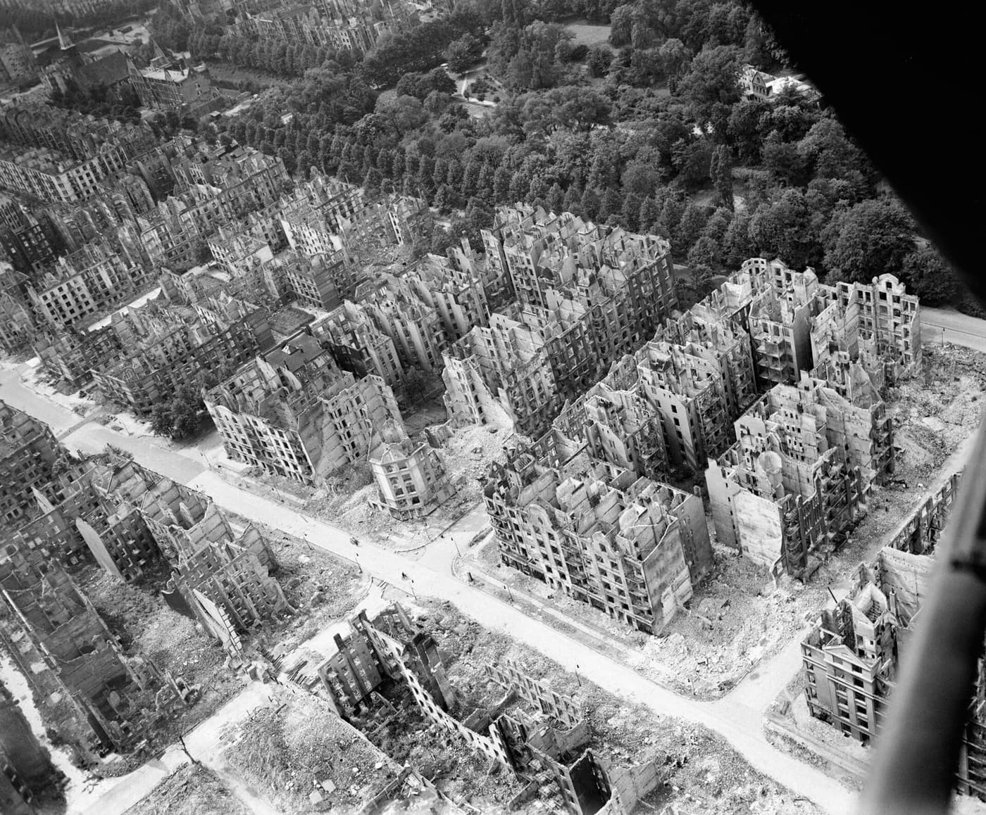 Gutted shells of residential blocks in Hamburg, seen from the air