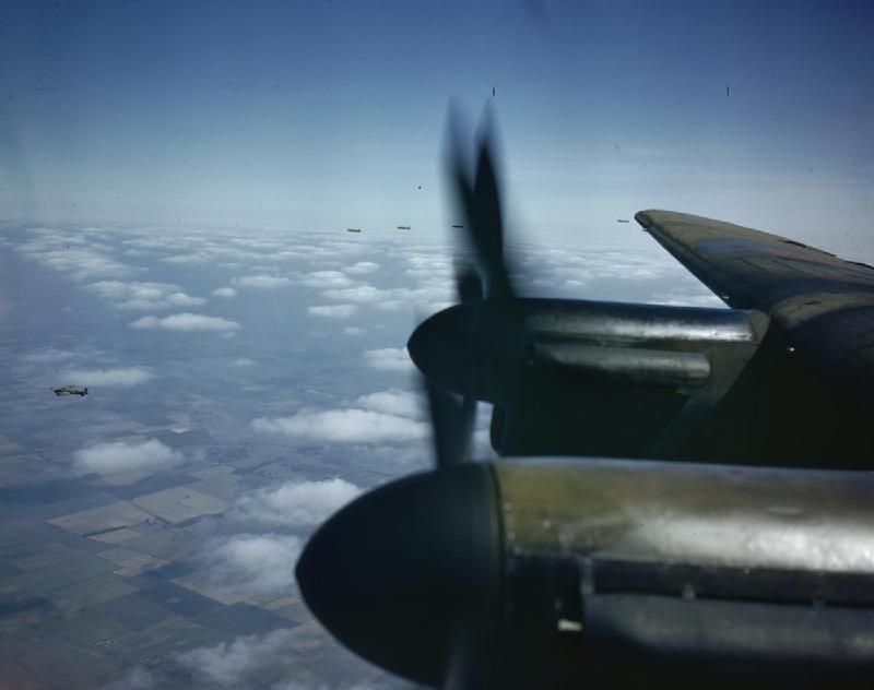 Avro Lancaster bombers flying in loose formation